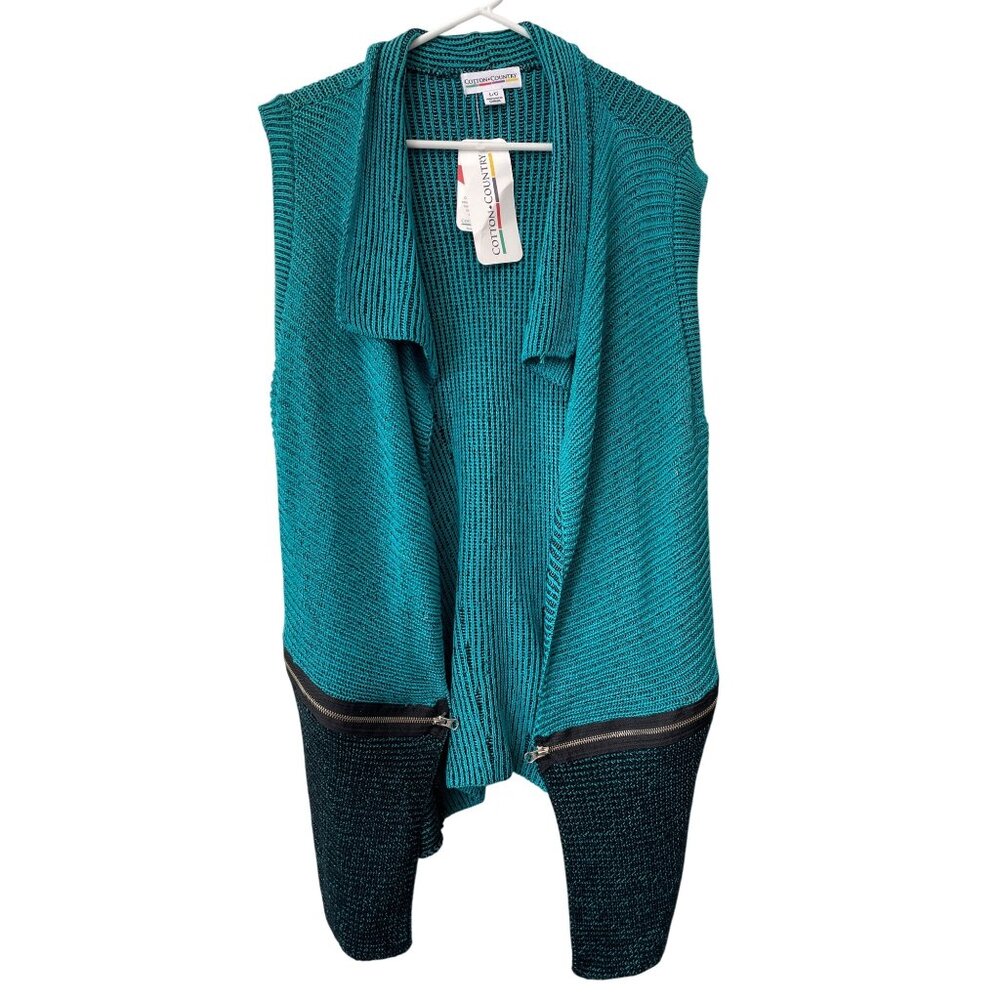 Cotton Country Cardigan Sweater Size Large Open Front Vest Black Green NEW